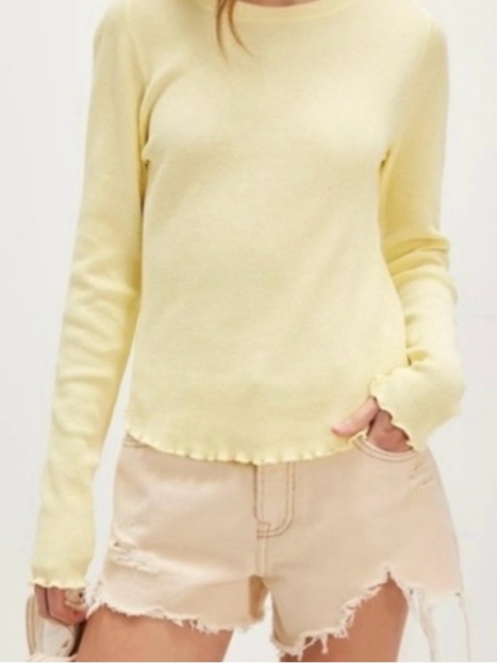 We The Free Pale Yellow Ribbed Lettuce-Edge Long Sleeve waffle Top